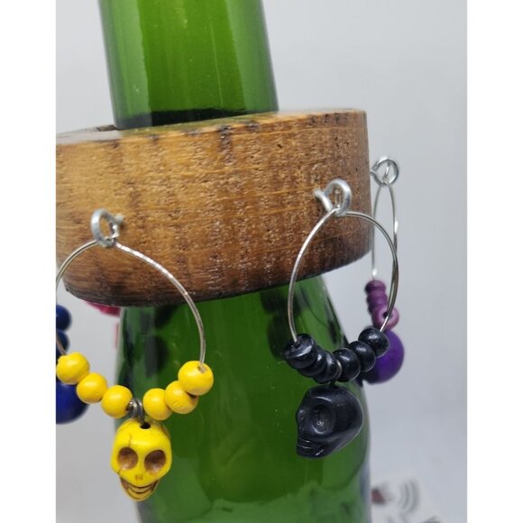 Skull Colorful Wine Glass Charms Set - 6  Themed Unique Charms With Beads & Wood - Picture 11 of 14
